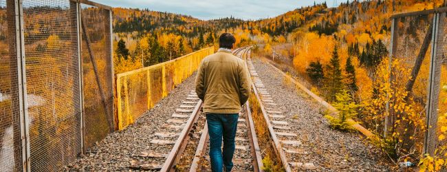A person walks alone on railroad tracks surrounded by vibrant autumn foliage, under a cloudy sky, in a scenic outdoor setting.